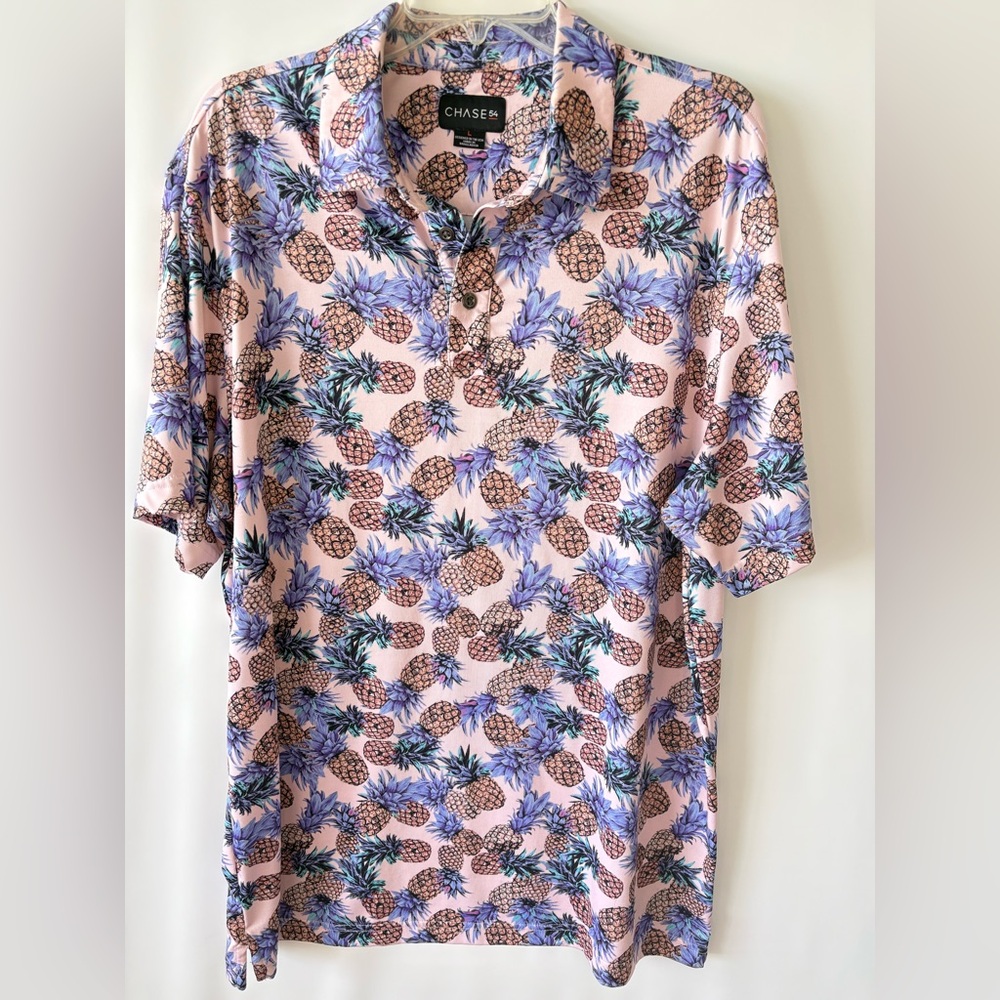 Chase 54 Men's Pineapple Print Polo - Pink and Blue, violet. Size large.